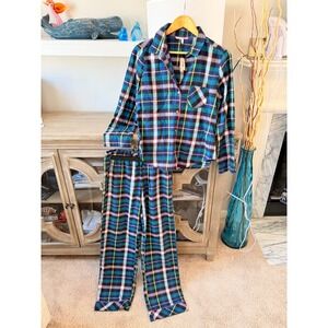 NWT Victoria's Secret Flannel Pajama Set Womens Blue Plaid XS